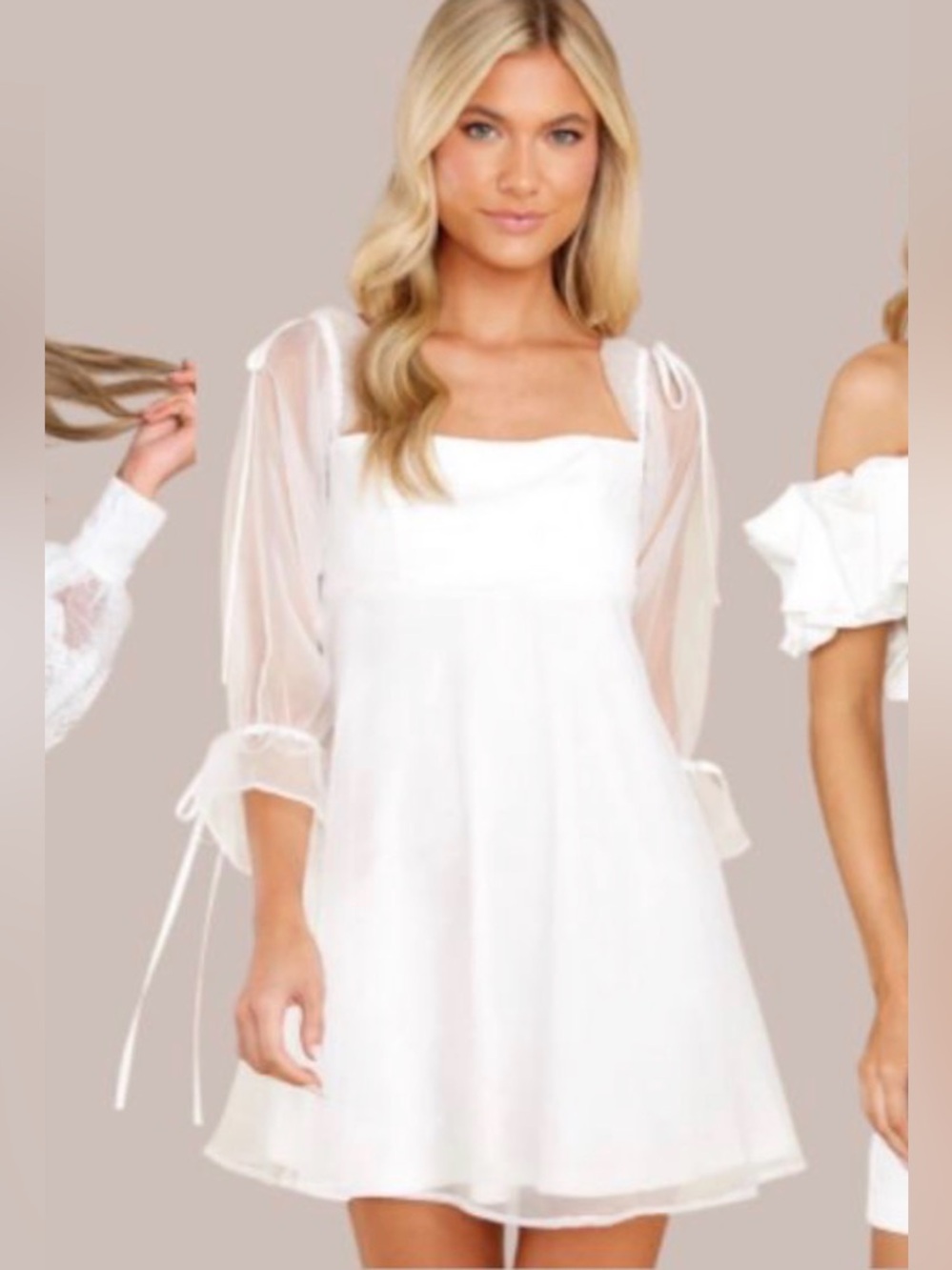 TCEC White Babydoll Mini Dress Sheer Sleeve Bows Back Zipper Large